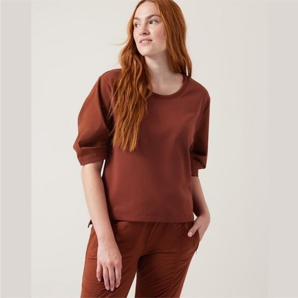 NWOT Athleta Harlow Puff Sleeve Hybrid Tee S Rust Brown - Picture 3 of 10